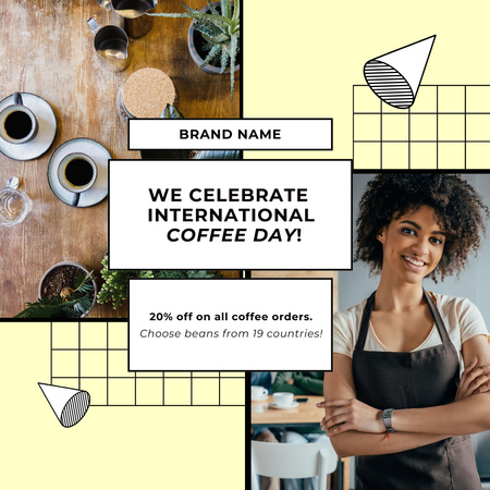 Kansainvälisen kahvipäivän alennusilmoitus Baristan kanssa Instagram Design Template