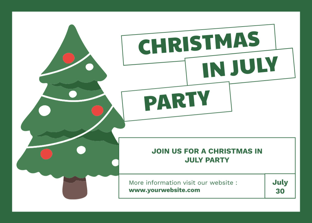 Inspirational Christmas In July Party Announcement With Tree In White Postcard 5x7in Šablona návrhu