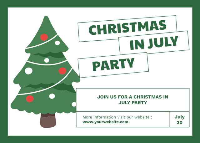 Inspirational Christmas In July Party Announcement With Tree In White Postcard 5x7in Tasarım Şablonu