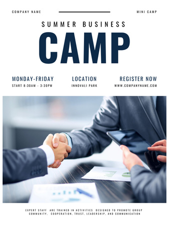 Summer Business Camp Announcement with Handshake Poster US Design Template
