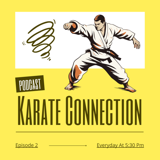 Episode Topic about Karate with Illustration of Fighter Podcast Cover Tasarım Şablonu