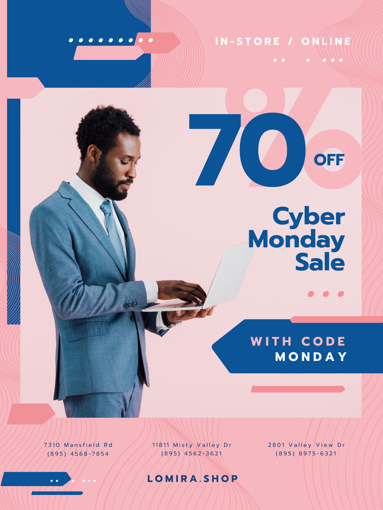 Platilla de diseño Cyber Monday Sale Announcement with Man typing on Laptop Poster US