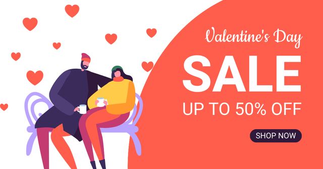 Enchanting Sale for Valentine's Day with Cartoon Illustration of Couple Facebook AD Πρότυπο σχεδίασης