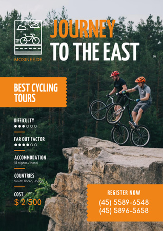 Plantilla de diseño de Oferta de recorrido en bicicleta con pareja admirando la vista a las montañas Poster 