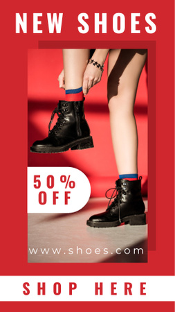 Szablon projektu New Shoes Discount Sale with Girl Putting on Feetwear Instagram Story