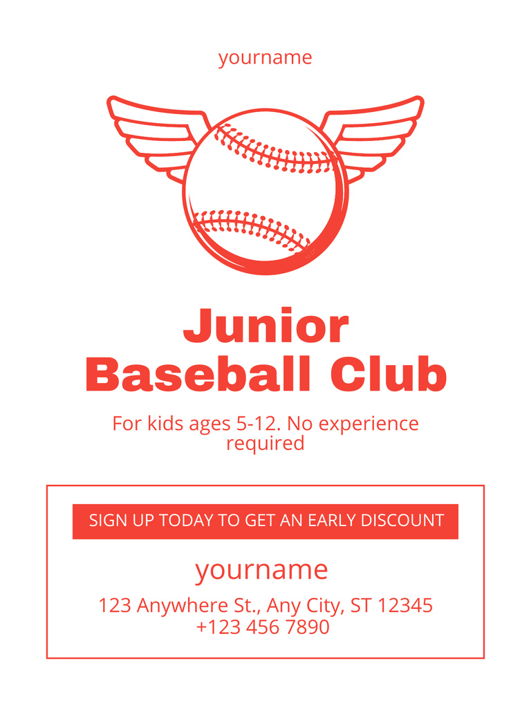 Junior Baseball Club Invitation with Red Ball Poster US Šablona návrhu