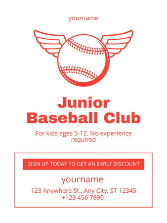 Designvorlage Junior-Baseball-Club-Einladung mit rotem Ball für Poster US