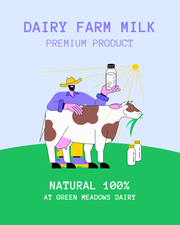 Ontwerpsjabloon van Instagram Post Vertical van Boer met schattige koe die melk verkoopt