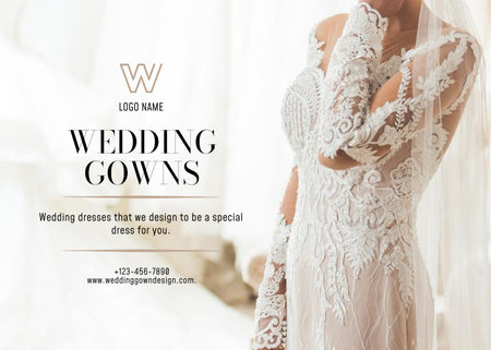 Designvorlage Hochzeitskleid-Studioanzeige mit Braut im weißen Kleid mit Stickerei für Postcard 5x7in