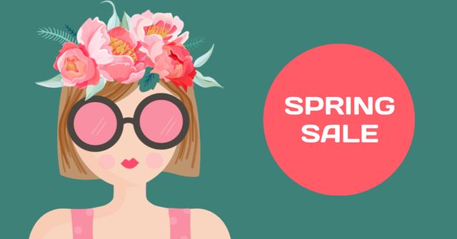 Template di design Spring Sale with Woman in Pink Sunglasses Facebook AD