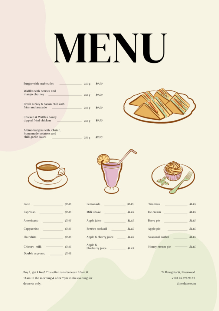 Food Menu Ad with Dish on Plates and Drinks Menu Πρότυπο σχεδίασης