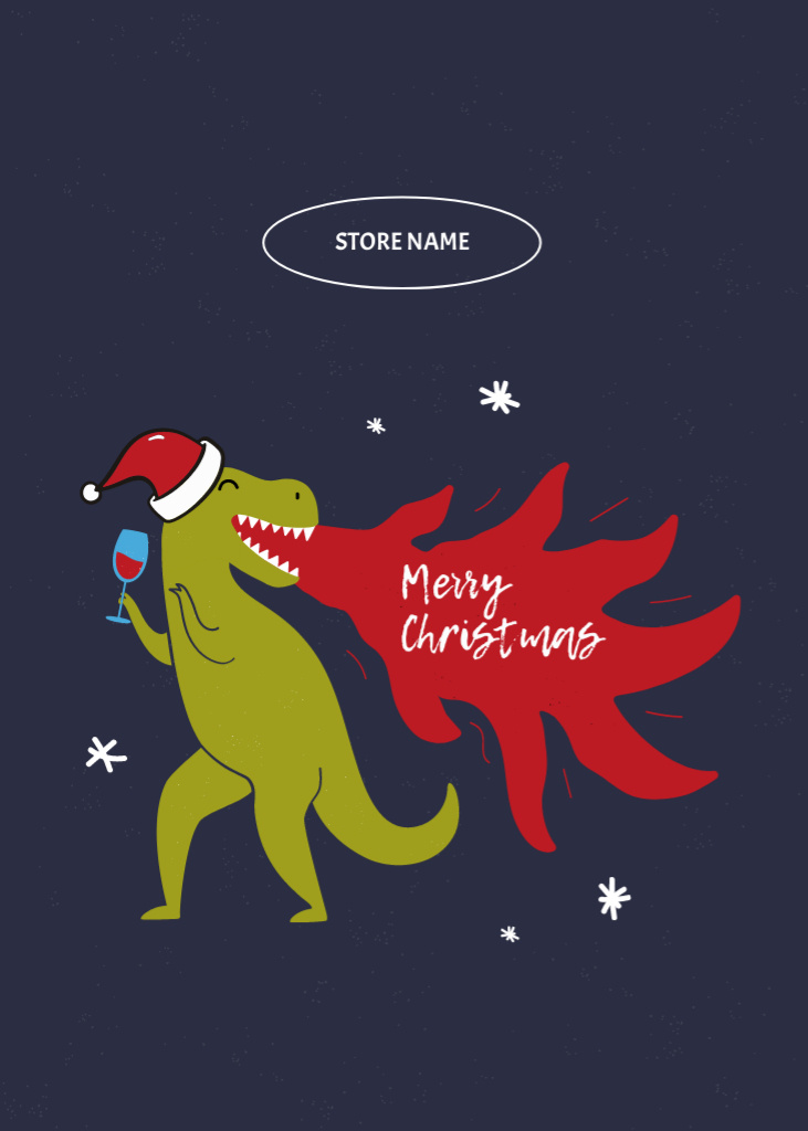 Christmas Wishes with Dinosaur Glass of Wine Postcard 5x7in Vertical – шаблон для дизайна