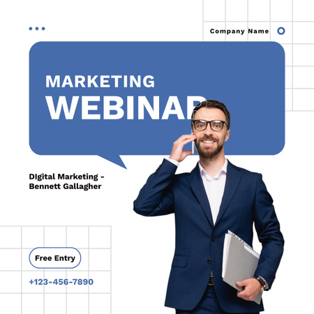 Free Marketing Webinar Ad with Happy Businessman LinkedIn post Design Template