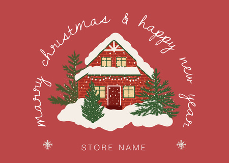Christmas Cheers with Red Decorated Home and Trees Postcard Design Template