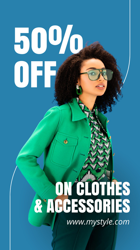 Modèle de visuel Discount Offer with Woman in Green Outfit - Instagram Story