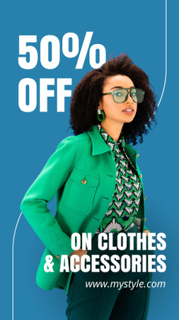 Modèle de visuel Offre de réduction avec une femme en tenue verte - Instagram Story
