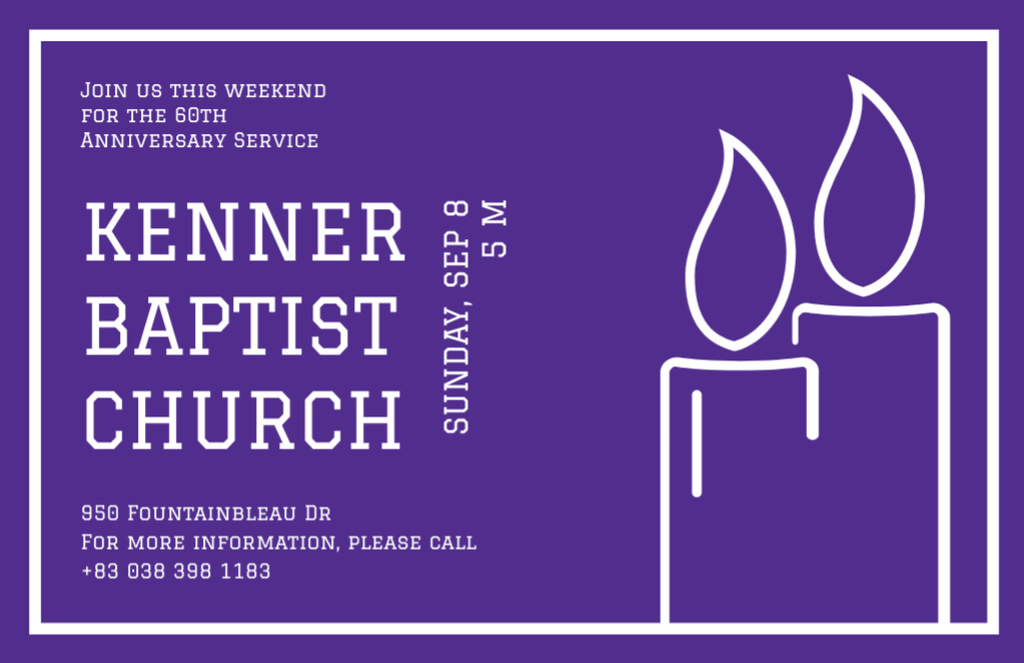 Baptist Church Ad with Candles in Frame on Purple Flyer 5.5x8.5in Horizontalデザインテンプレート