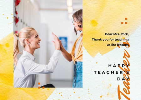 Teacher giving kid high five on Teacher's Day Postcard – шаблон для дизайна