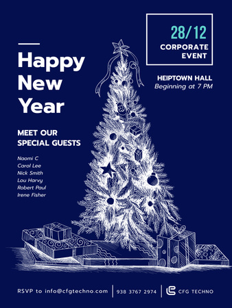 Plantilla de diseño de Invitación de año nuevo con ilustración de árbol de Navidad Poster US 