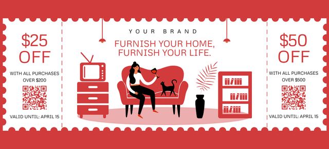 Designvorlage Home Furniture Discount Offer with Red Illustrated für Coupon 3.75x8.25in