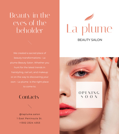 Beauty Salon Ad s ženou s světlý make-up Brochure 9x8in Bi-fold Šablona návrhu