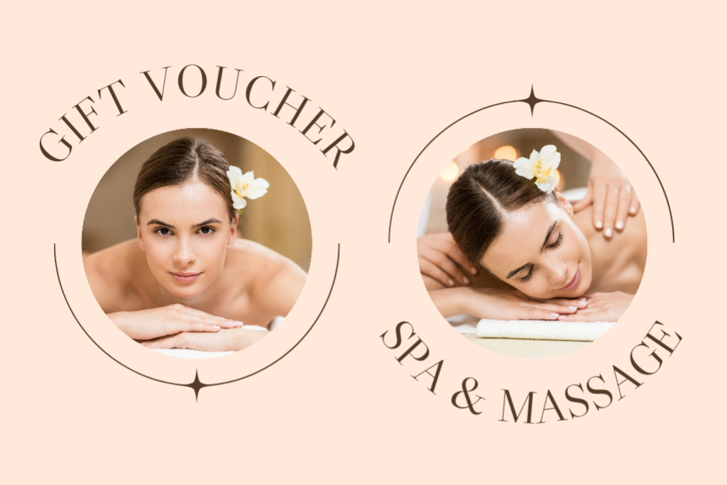 Spa Salon Ad with Young Woman with Flower in hair Having Massage Therapy Gift Certificate Modelo de Design