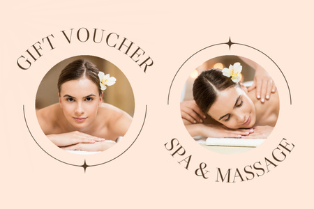 Spa Salon Ad with Young Woman with Flower in hair Having Massage Therapy Gift Certificate tervezősablon