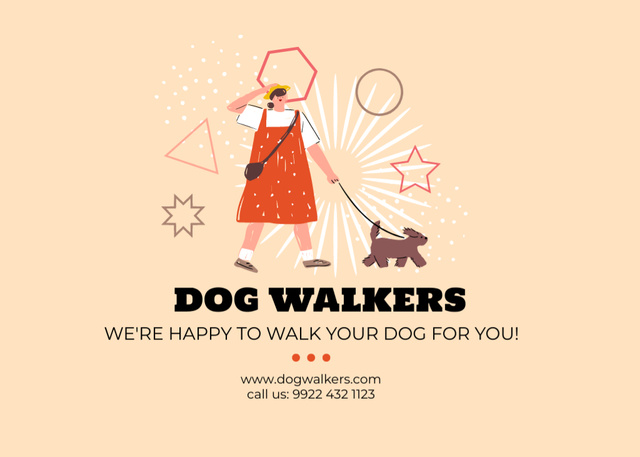 Dog Walkers Ad with Illustration Flyer 5x7in Horizontal Design Template