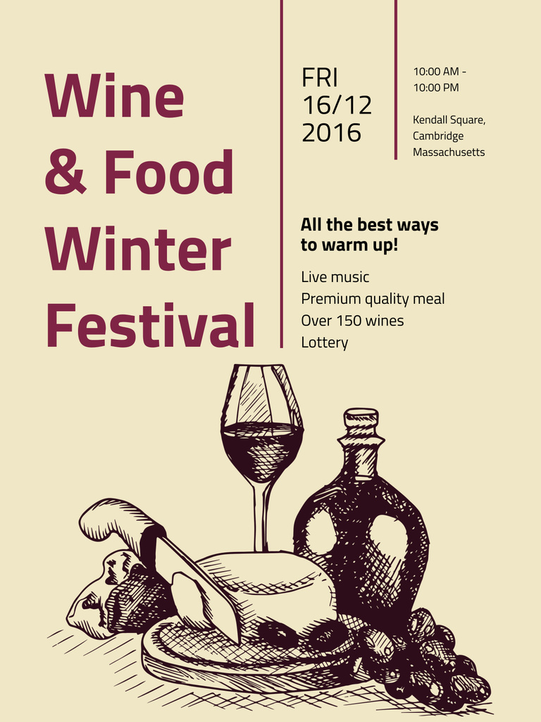 Food Festival Invitation with Sketch of Wine and Snacks Poster 36x48in Šablona návrhu