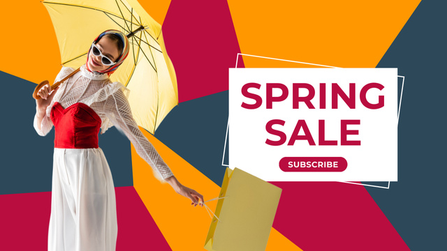 Bright Spring Sale Announcement with Woman with Umbrella Youtube Thumbnail Design Template