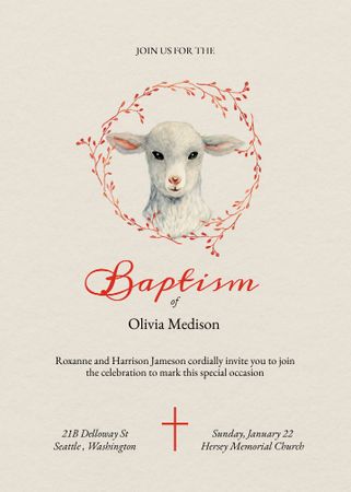 Baptism Ceremony Announcement with Cute Lamb Invitation Tasarım Şablonu