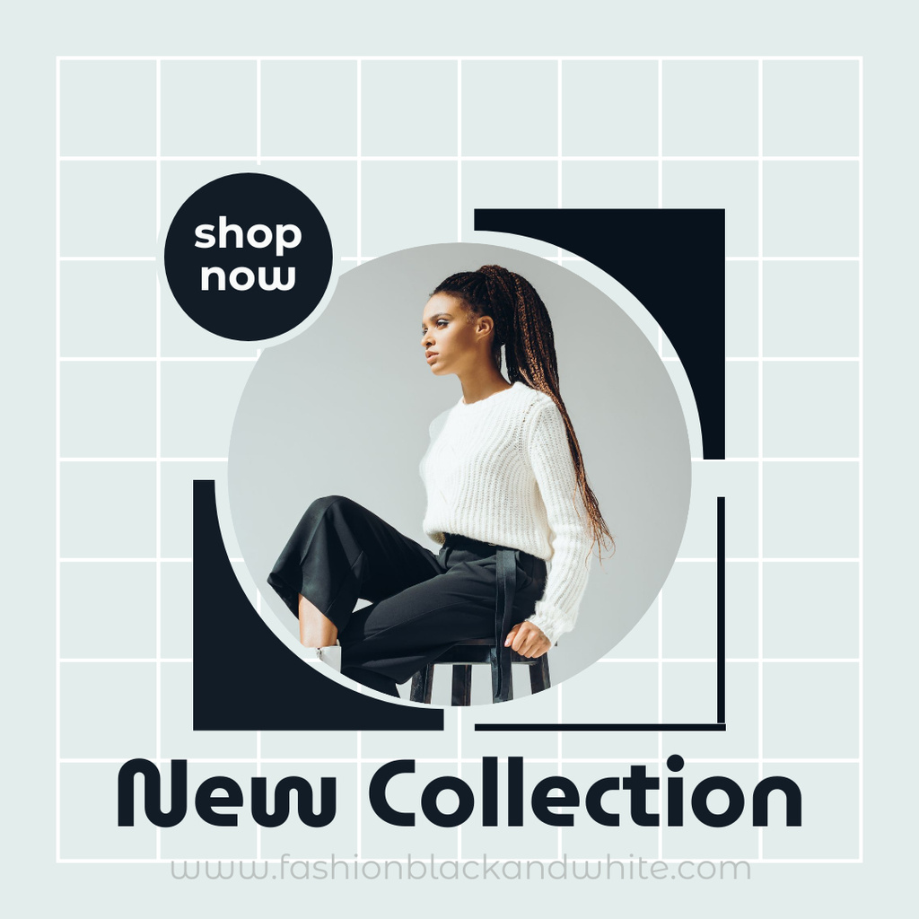 Ontwerpsjabloon van Instagram van New Fashion Collection with Elegant Woman on Chair