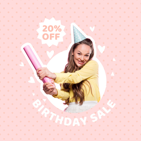 Birthday Sale Ad with Cute Young Woman Instagram tervezősablon