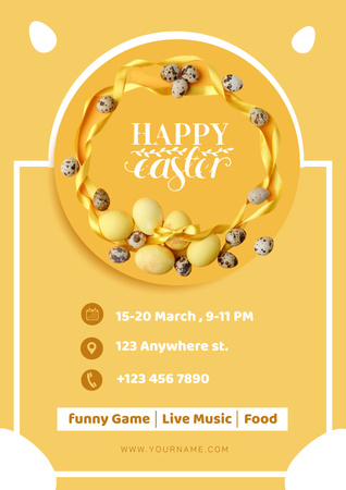 Реклама святкування Великодня з жовтими фарбованими яйцями та перепелиними яйцями на жовтому Poster – шаблон для дизайну