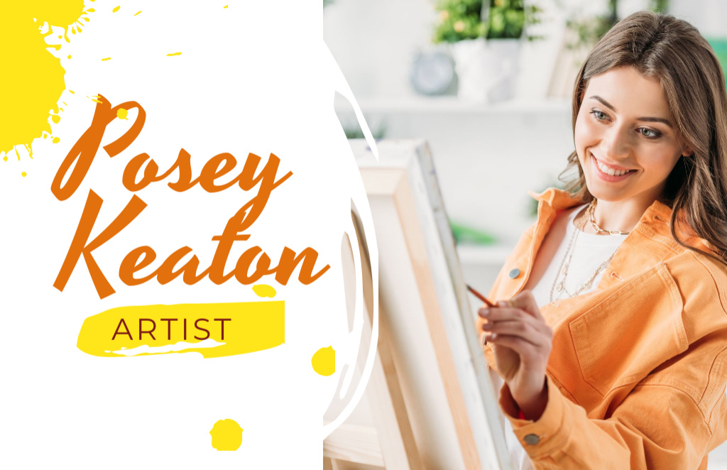 Art Lessons Ad with Woman Painting by Easel Business Card 85x55mmデザインテンプレート