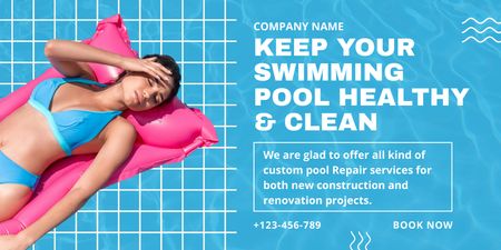 Platilla de diseño Pool Maintenance Offer with Young Woman in Swimsuit Twitter