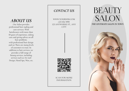 Platilla de diseño Beauty Salon Offer with Beautiful Blonde Woman with Makeup Brochure