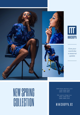 divatkollekció hirdetés stílusos nő kék Poster 28x40in tervezősablon