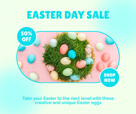 Modèle de visuel Annonce de vente de Pâques avec des œufs colorés dans une assiette en osier - Facebook