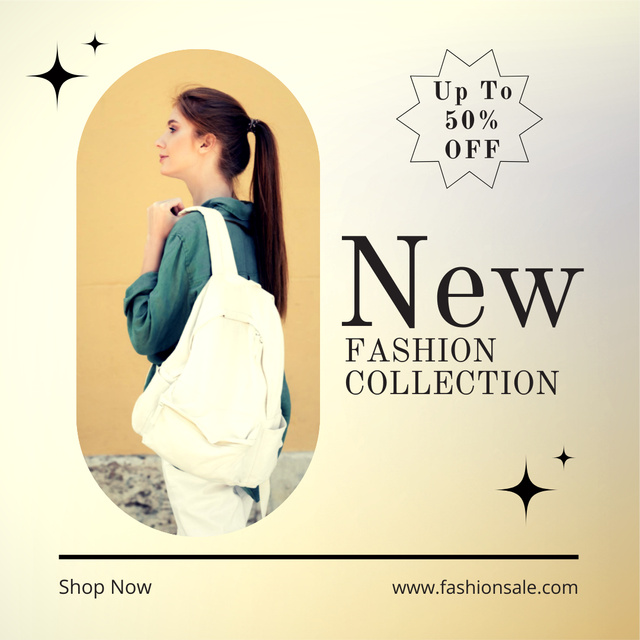 Fashion Sale Announcement with Woman with Stylish Backpack Instagram Modelo de Design