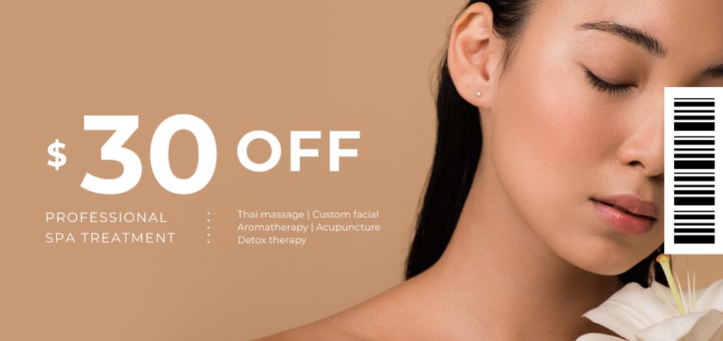 Spa Treatment Offer with Woman holding Light Flower Coupon Din Large Design Template