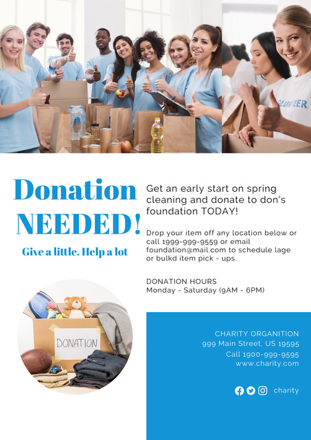 Volunteers Gathering Items for Donation on Blue Poster Design Template