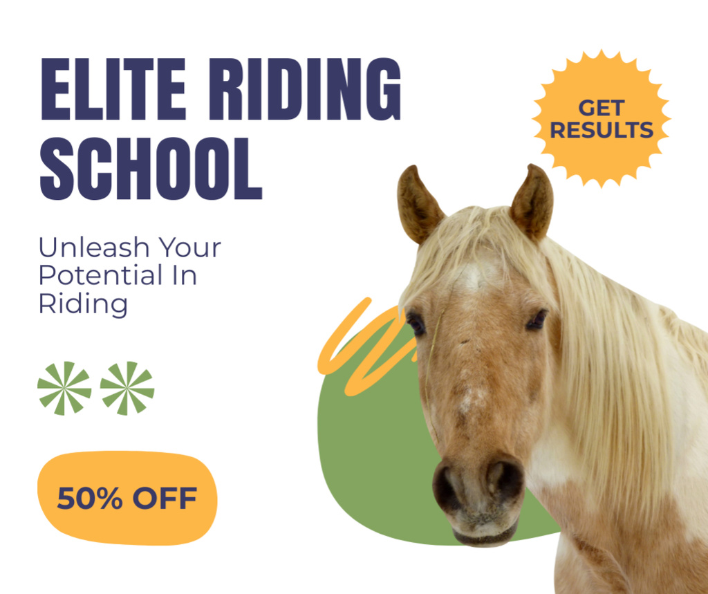 Ontwerpsjabloon van Facebook van Highly Professional Equestrian School Lessons At Half Price Offer