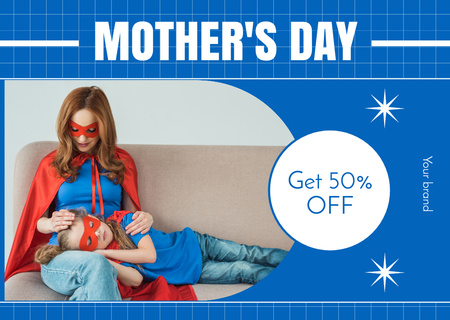 Mom and Daughter in Superhero Costumes on Mother's Day Card Design Template