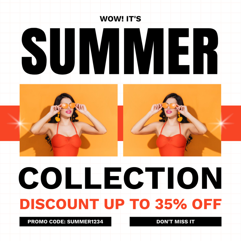 Plantilla de diseño de Promo of Summer Collection with Woman in Bikini and Sunglasses Instagram 