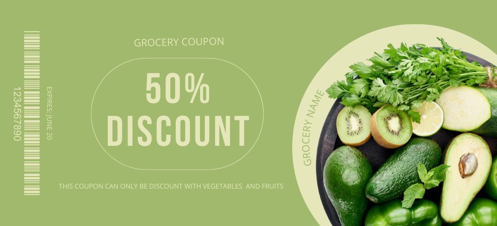 Ontwerpsjabloon van Coupon 3.75x8.25in van Grocery Store Ad with Ripe Appetizing Green Vegetables
