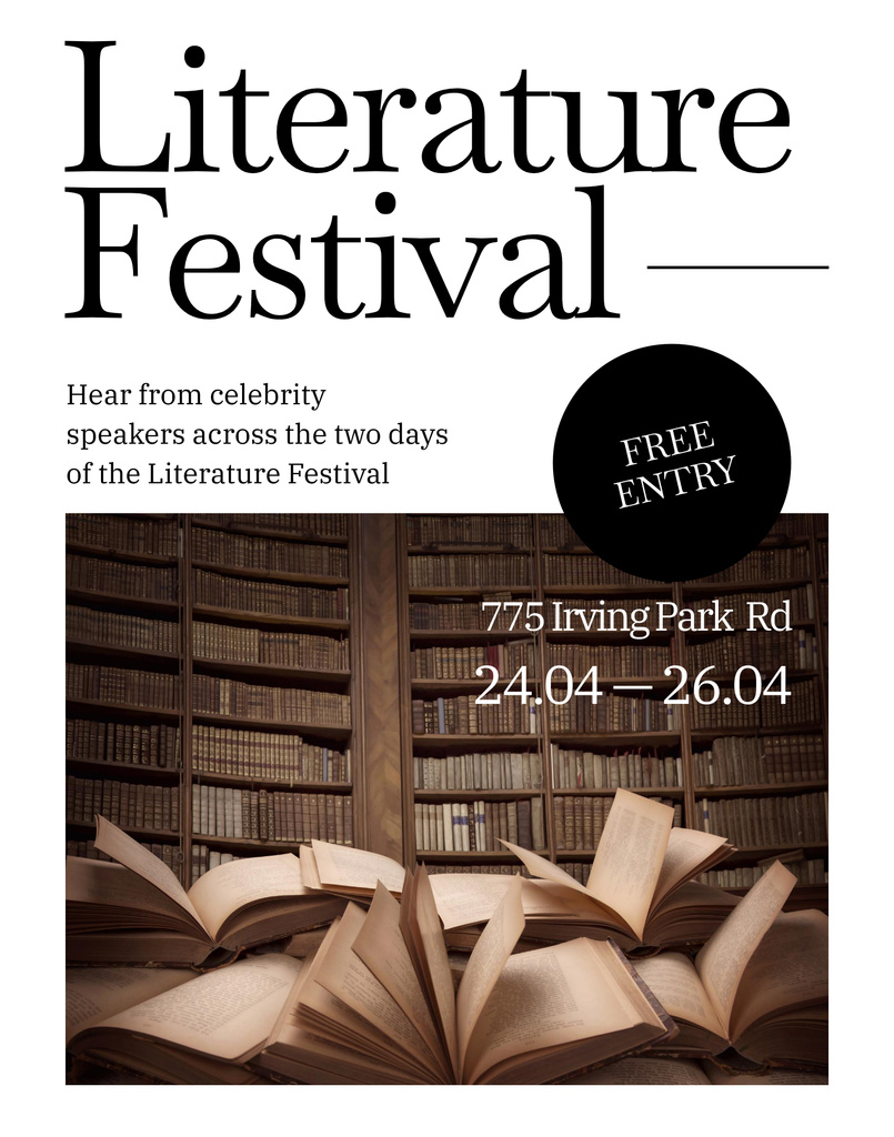 Ontwerpsjabloon van Poster 22x28in van Literature Festival Announcement with Bookshelves in Library