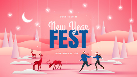 New Year Fest Announcement with People and Deers FB event cover tervezősablon