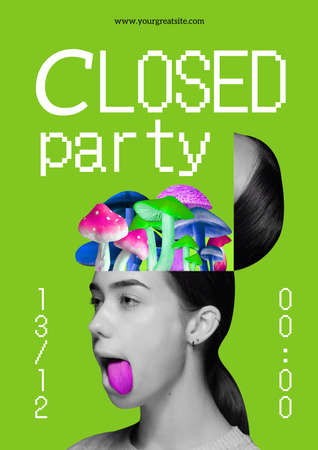 anúncio de festa com cogumelos brilhantes na cabeça da menina Poster Modelo de Design