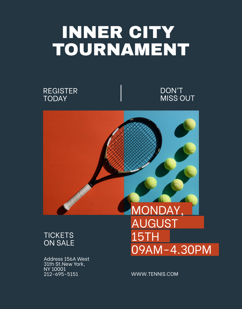 Inner Tennis Tournament Announcement with Racket and Balls Poster 22x28in Design Template